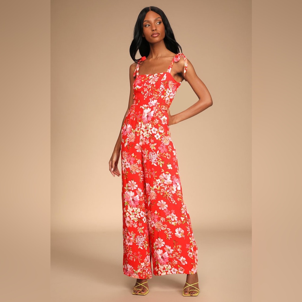 NWT - Lulus Sunny Sweetness Red Floral Print Tie-Strap Jumpsuit
